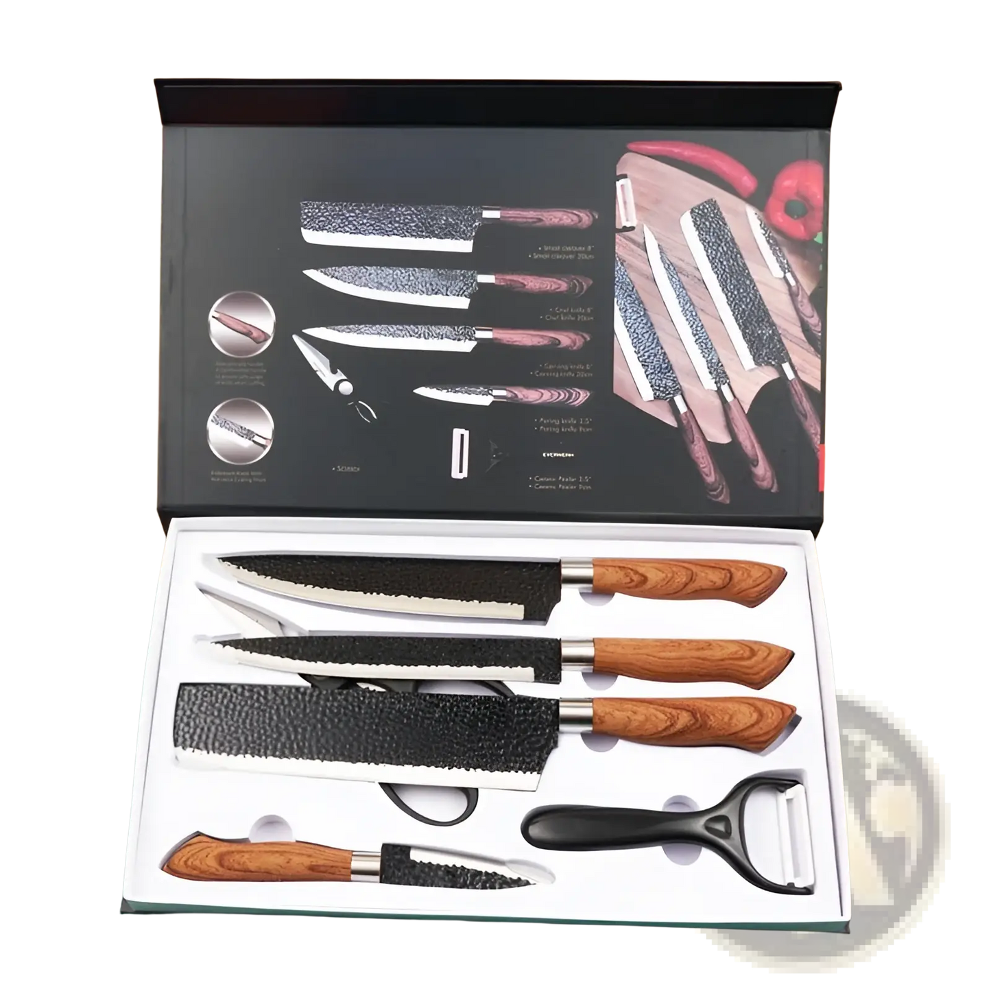 6 Piece Hammered Steel Kitchen Knife Set with Case