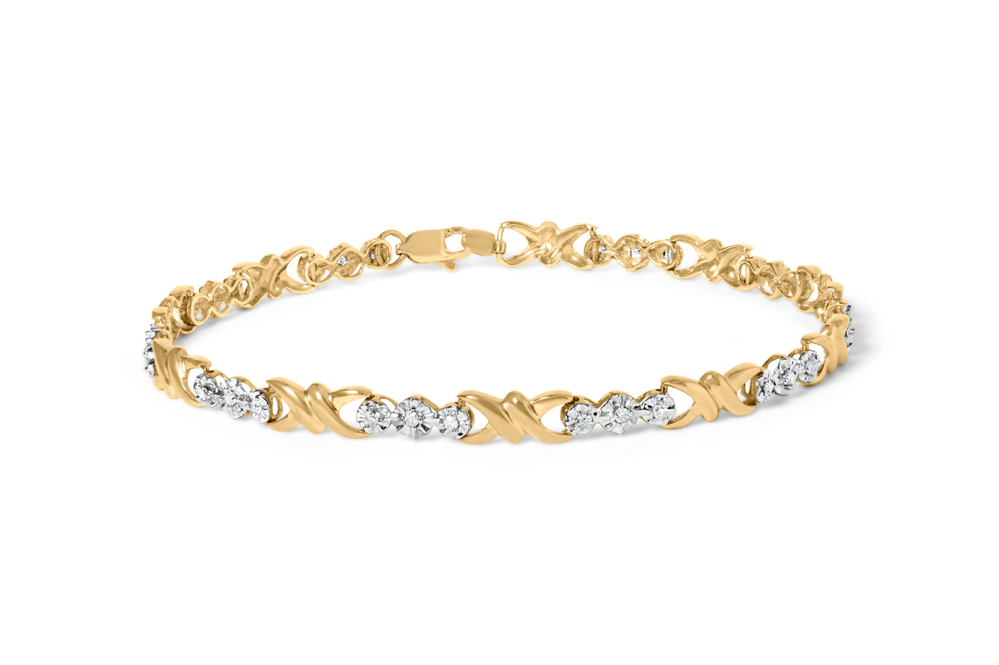 10k Yellow Gold 1/3 Cttw Diamond 3 Stone and X-Link Bracelet (I-J Color, I1-I2 Clarity) - 7.50" Inches