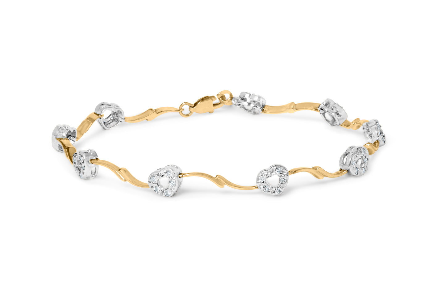 10k Two-Tone Gold 1/3 Cttw Diamond Pave Set Heart S-Link 7.25" Bracelet (I-J Color, I2-I3 Clarity)