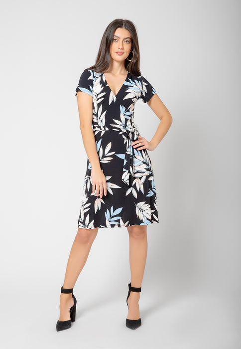 Leota Women's Perfect Wrap Cap Sleeve Dress In Pastel Leaves Blue Size Petie XX-Large