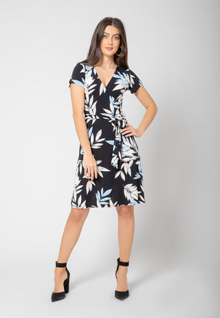 Leota Women's Perfect Wrap Cap Sleeve Dress In Pastel Leaves Blue Size Petie XX-Large