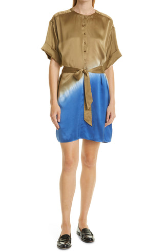 ATM Anthony Thomas Melillo Silk Shirtdress in Olive/Royal Dip Tie Dye, Small