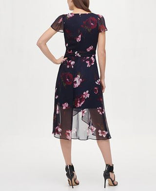 DKNY Women's Flutter Sleeve V Neck Wrap Midi Blue Size 6