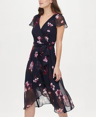 DKNY Women's Flutter Sleeve V Neck Wrap Midi Blue Size 6