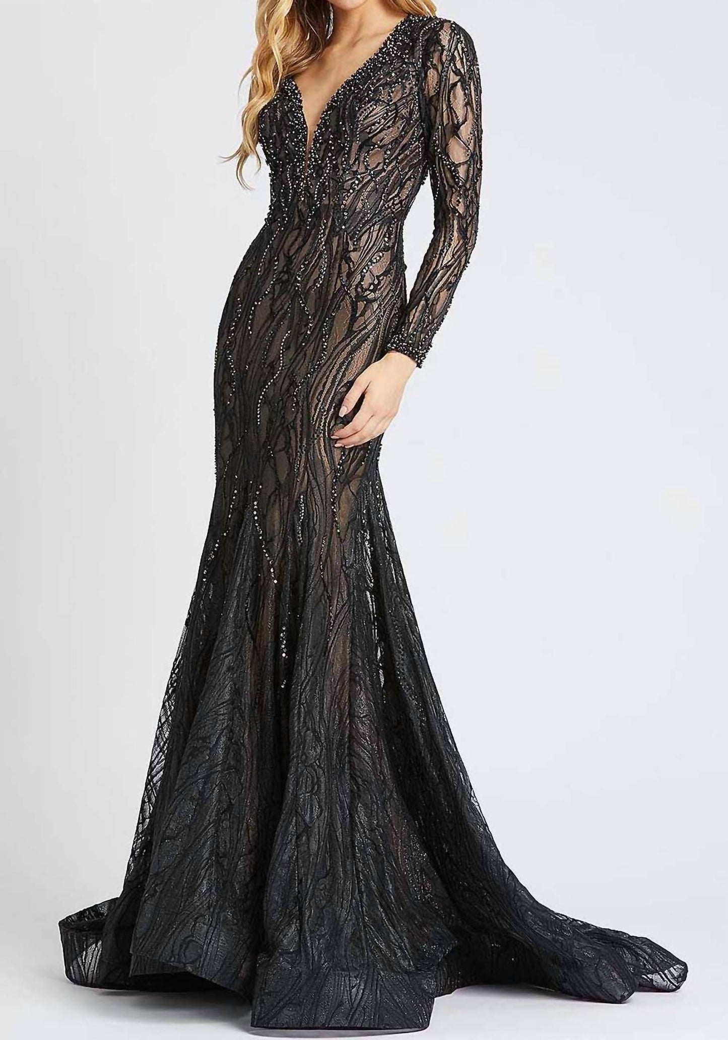 Mac Duggal - Beaded Illusion Long Sleeve Mermaid Gown
