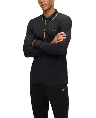 Hugo Boss Men's Logo Details Long Sleeved Slim Fit Polo Shirt Black Size Medium