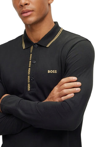 Hugo Boss Men's Logo Details Long Sleeved Slim Fit Polo Shirt Black Size Medium