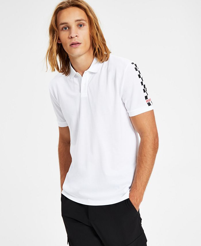 Hugo Boss Men's Dovember Classic Fit Checkered Logo Print Polo Shirt White Size Large