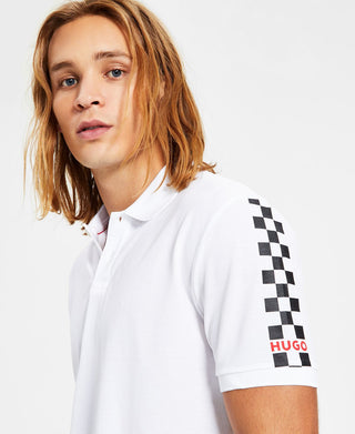 Hugo Boss Men's Dovember Classic Fit Checkered Logo Print Polo Shirt White Size Large
