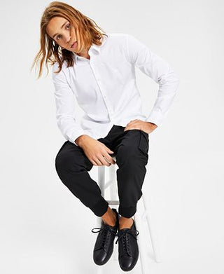 Hugo Boss Men's Slim Fit Tonal Embroidered Logo Button Down Shirt White Size Medium