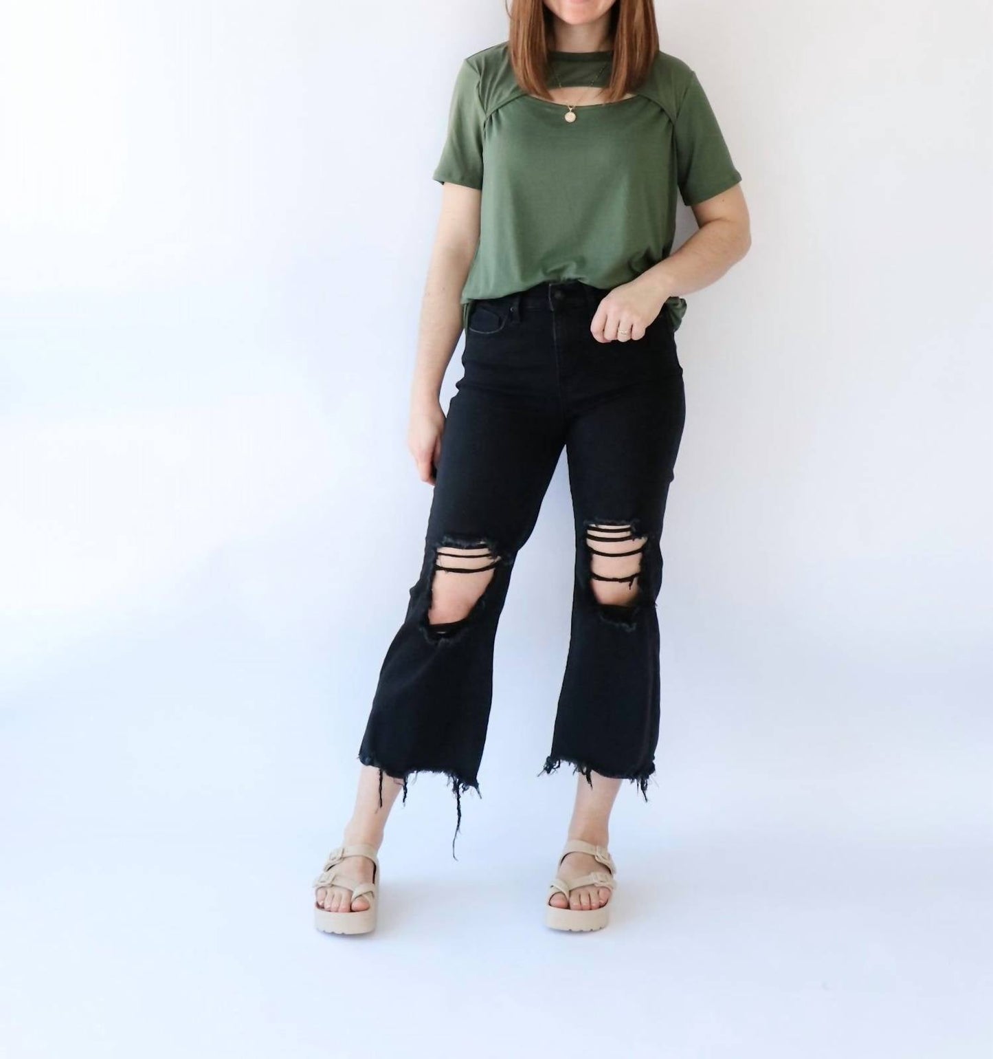 Wholesale Fashion Square - Cutout Neck Short Sleeve Tee