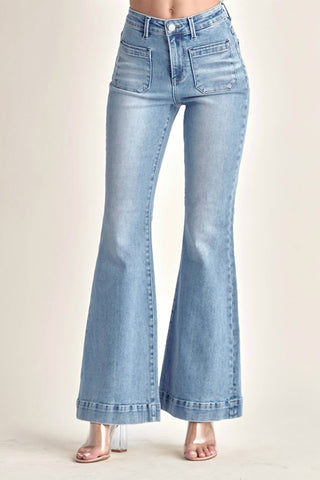 Risen - High Rise Patched Pocket Front Flare Jeans