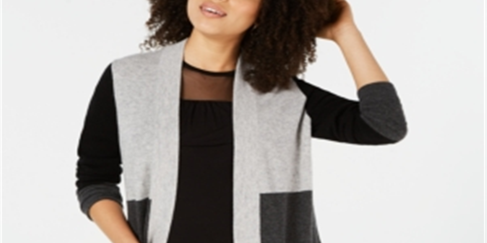 Charter Club Women's Pure Cashmere Colorblocked Cardigan Gray Size X-Large