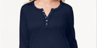 Karen Scott Women's Cotton Ruffle Trim Henley Top Blue Size Large