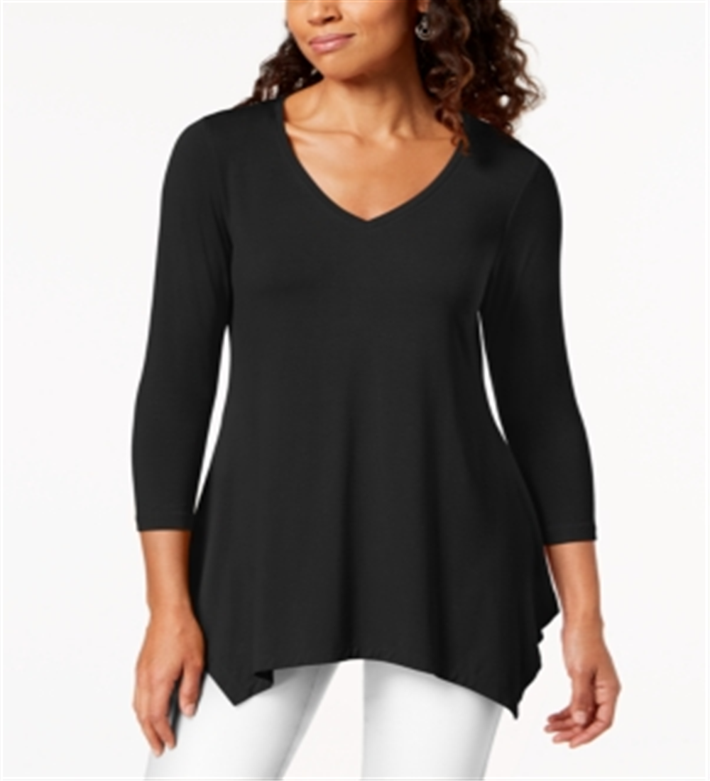 JM Collection Women's V Neck Handkerchief Hem Top Black Size Large