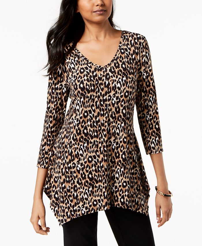 JM Collection Women's Printed Handkerchief Hem Top Black Size Petite