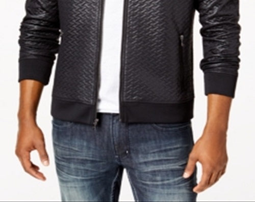 INC International Concepts Men's Basket Weave Zip Bomber Jacket Black Size Large