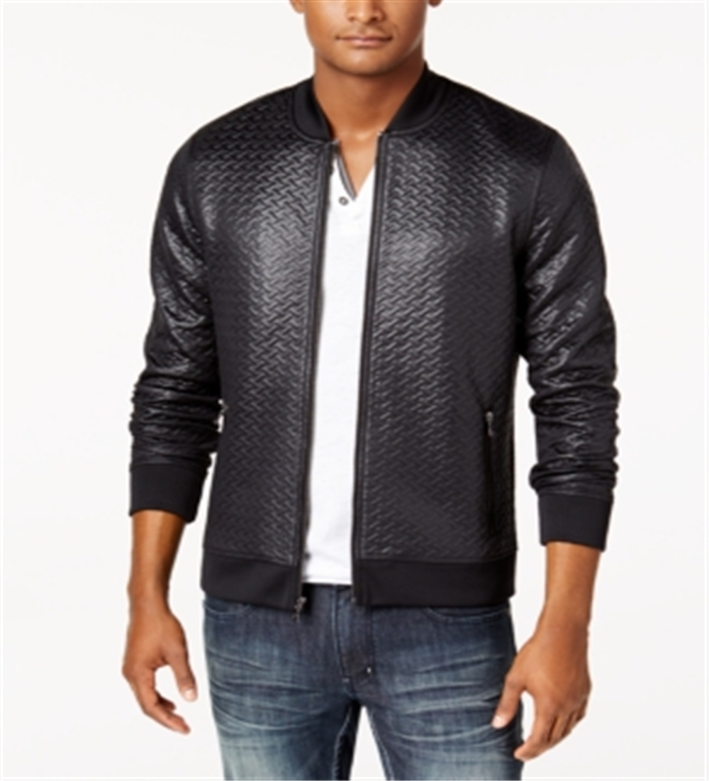 INC International Concepts Men's Basket Weave Zip Bomber Jacket Black Size Large