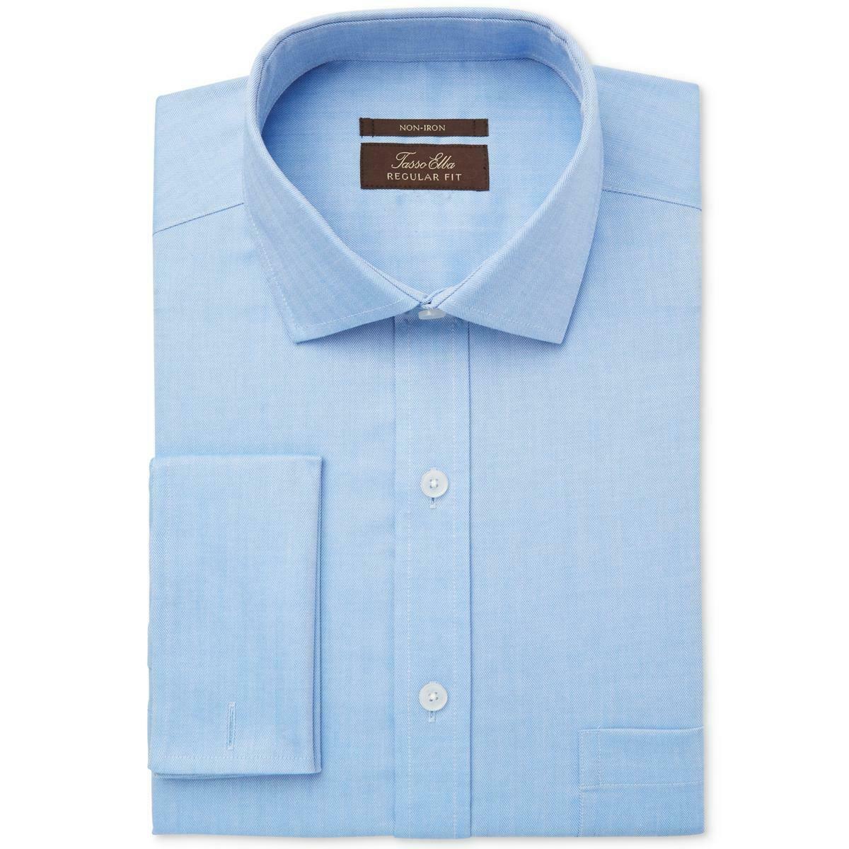 Tasso Elba Men's Classic Fit Non Iron French Cuff Dress Shirt Blue Size 34-35