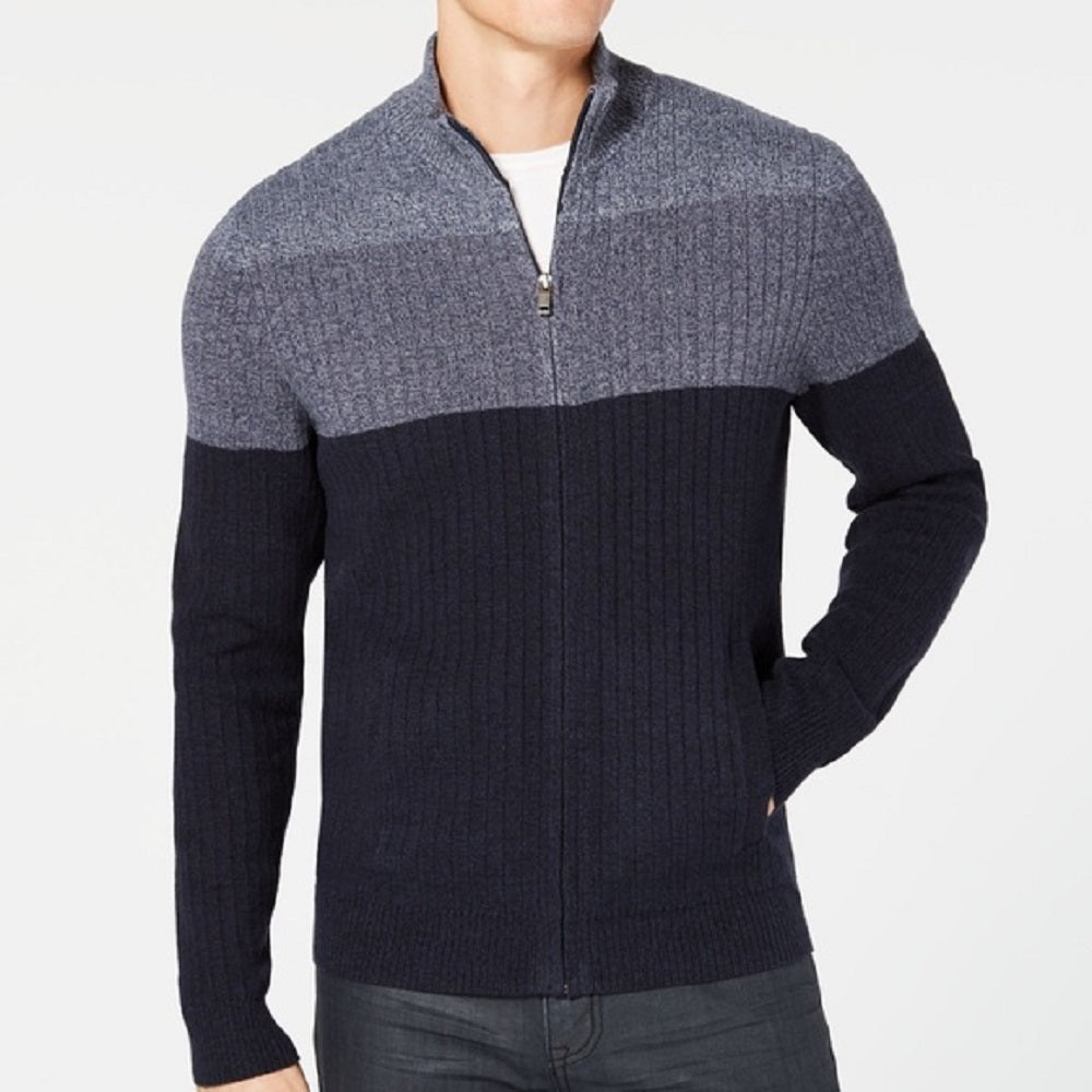 Alfani Men's Ombre Colorblocked Ribbed Knit Full Zip Cardigan Blue Size XXX-Large
