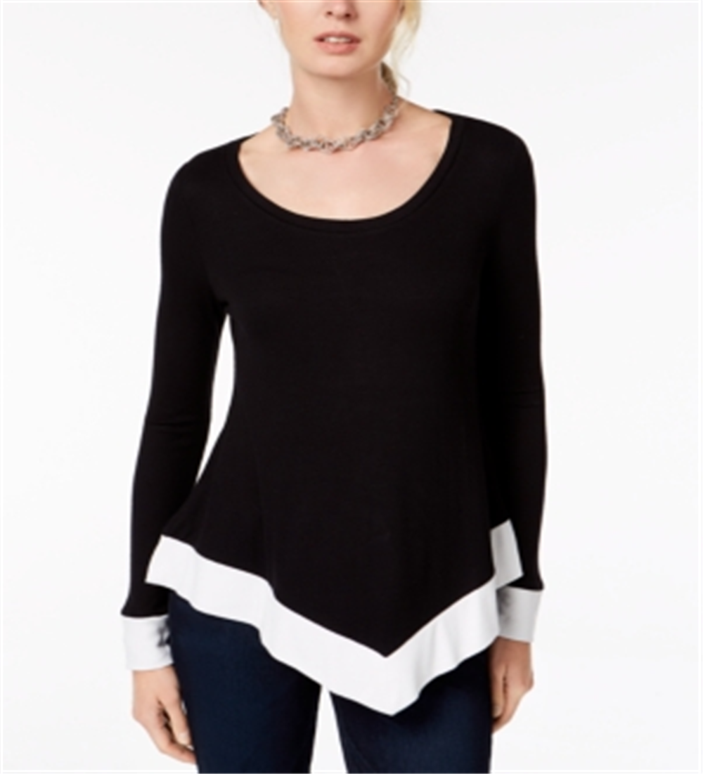 INC International Concepts Women's Colorblocked Handkerchief Hem Top Black Size Petite
