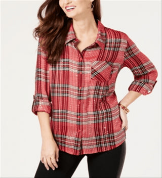 Style & Co Women's Sequined Plaid Shirt Size Petite S