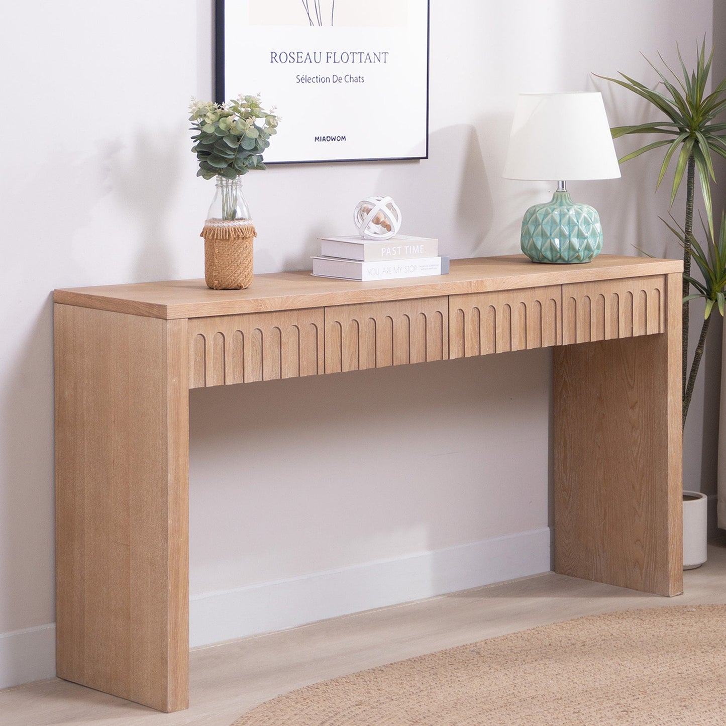 Modern Console Table with 4 Drawers – 59.2" Entryway Table in Natural Wood Finish