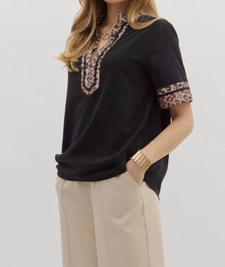 Entro - Leopard Accent Short Sleeve Blouse