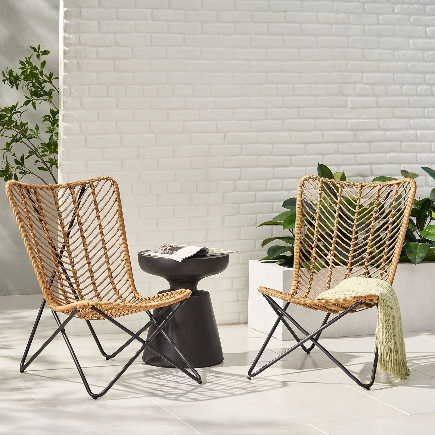 Wicker Chair with Geometric Cross Base (Set of 2) - Light Brown