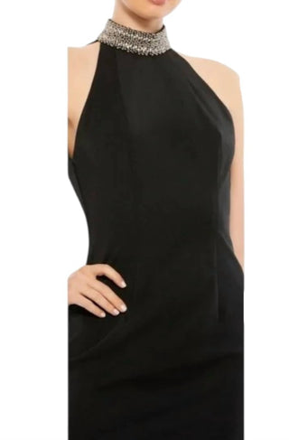 Ieena For Mac Duggal - Open Back Jewel Neck Halter Midi Dress