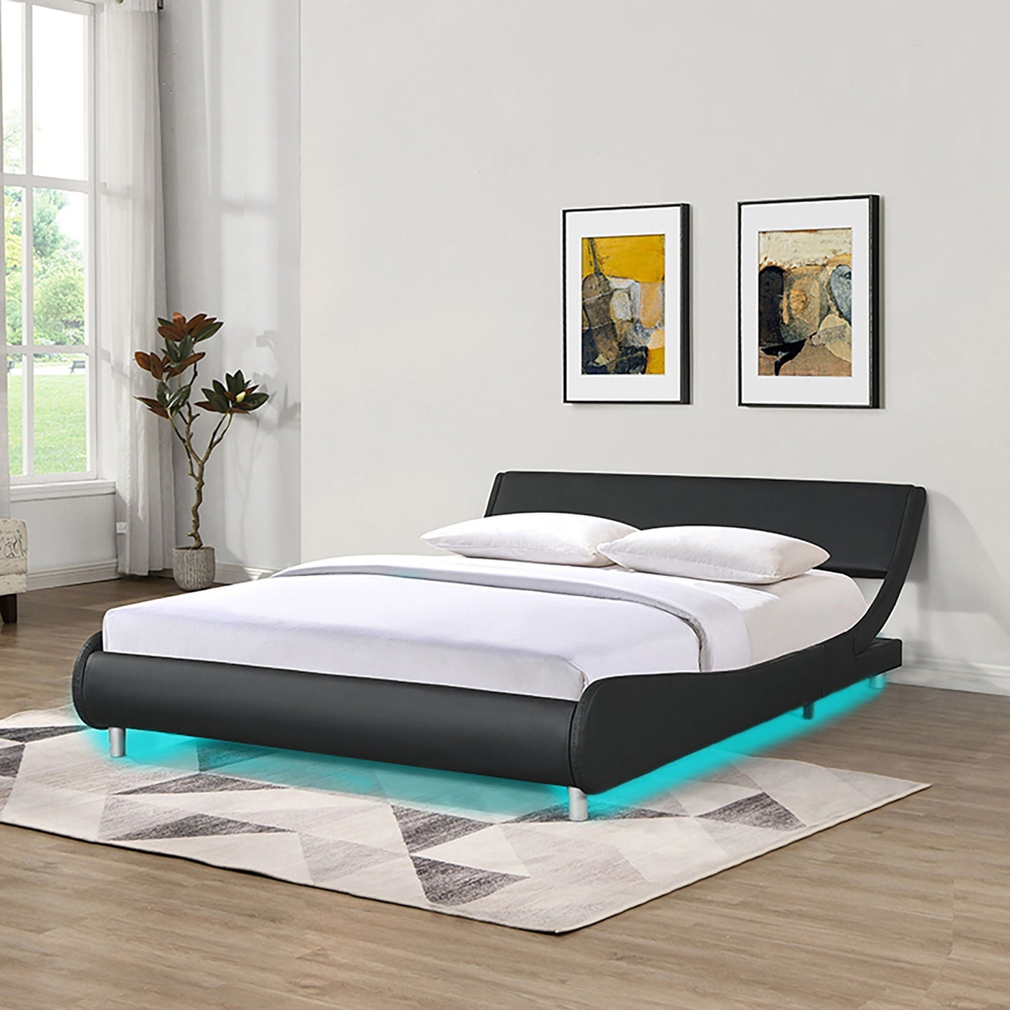 Queen Size Upholstered Platform Bed Frame With LED Lighting, Curve Design, Slat Support, No Box Spring Needed - Black