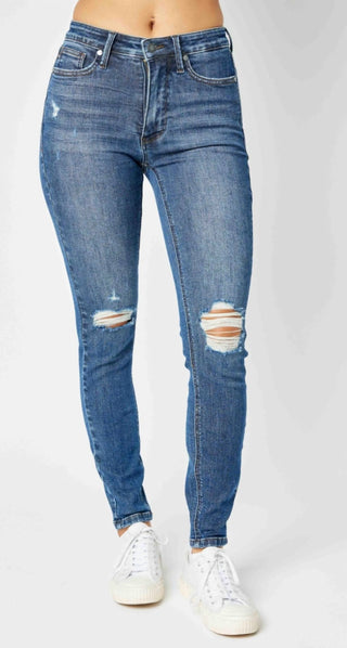 Judy Blue - Mid Rise Tummy Control Destroy Skinny Denim Jeans