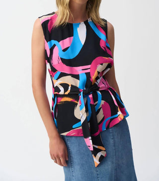 Joseph Ribkoff - Brushstroke Print Waist Sash Sleeveless Top