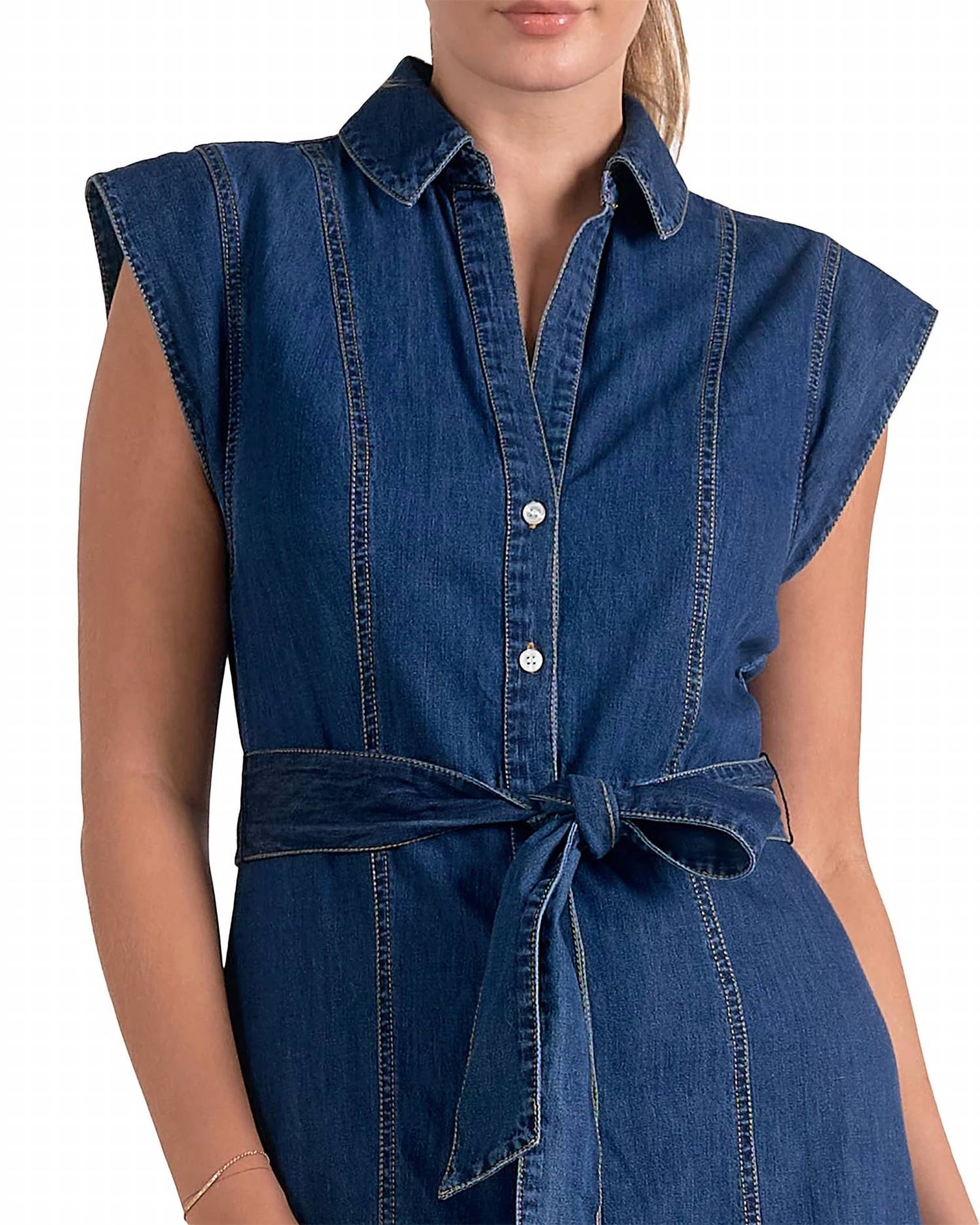 Elan - Denim Cap Sleeve Midi Dress