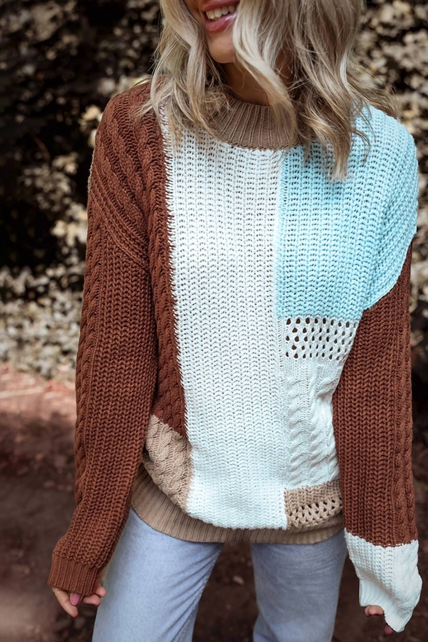 1 The Woman - Textured Knit Colorblock Patchwork Sweater