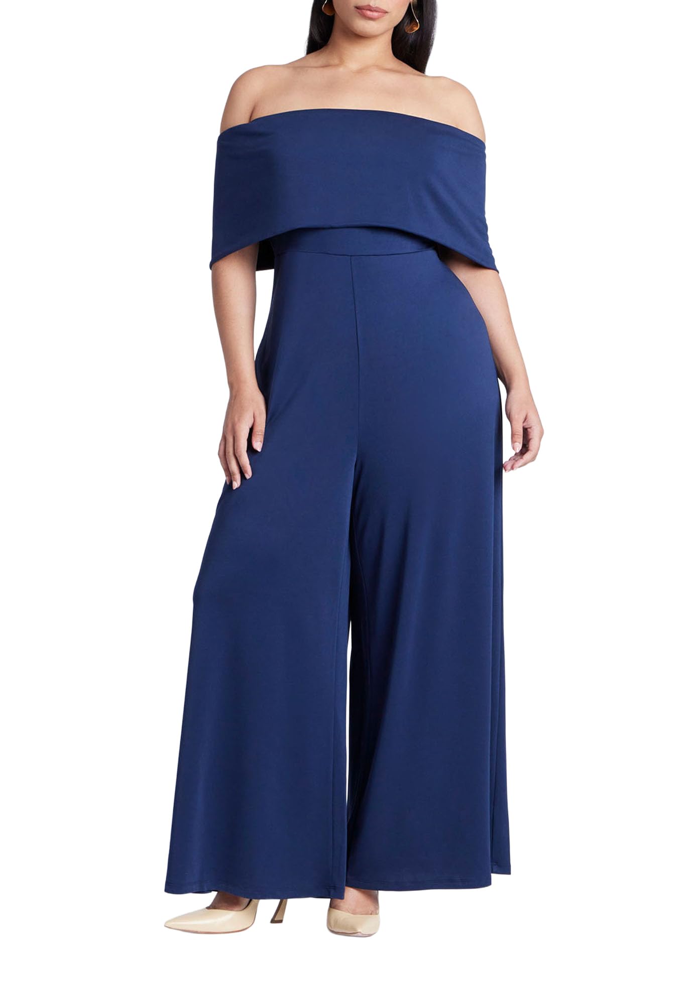 ELOQUII Women's Plus Size Off Shoulder Jumpsuit - 14, Navy