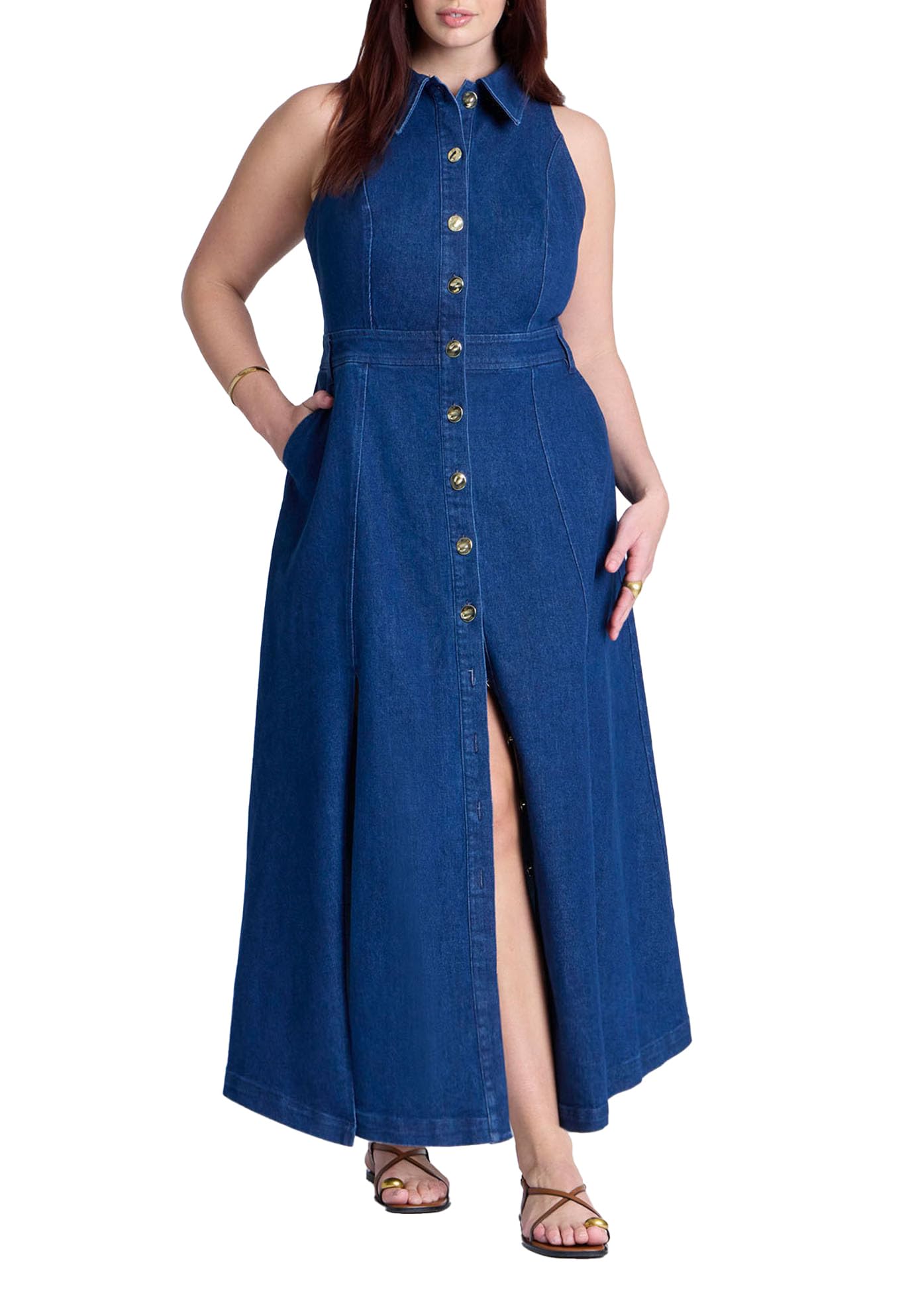 ELOQUII Women's Plus Size Sleeveless Denim Midi Dress - 14, Medium Wash