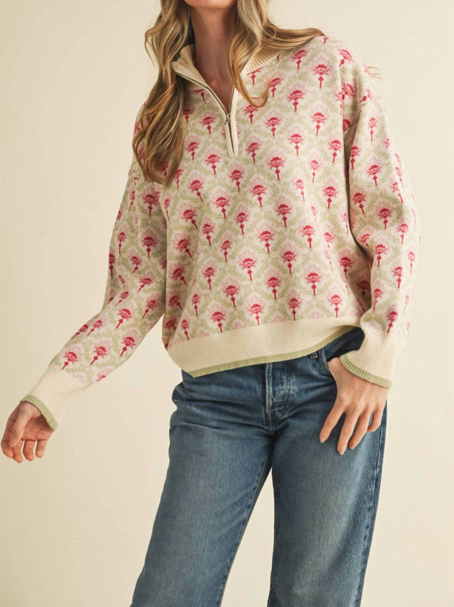 &Merci - Floral Mock Neck Half Zip Pullover Sweater