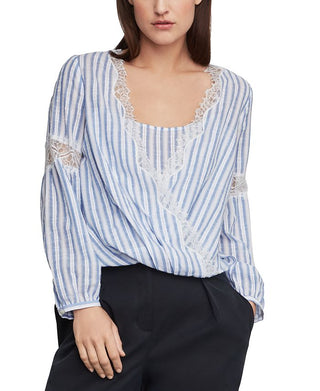 BCBGMAXAZRI Women's Cotton Striped High Low Top Blue Size Large