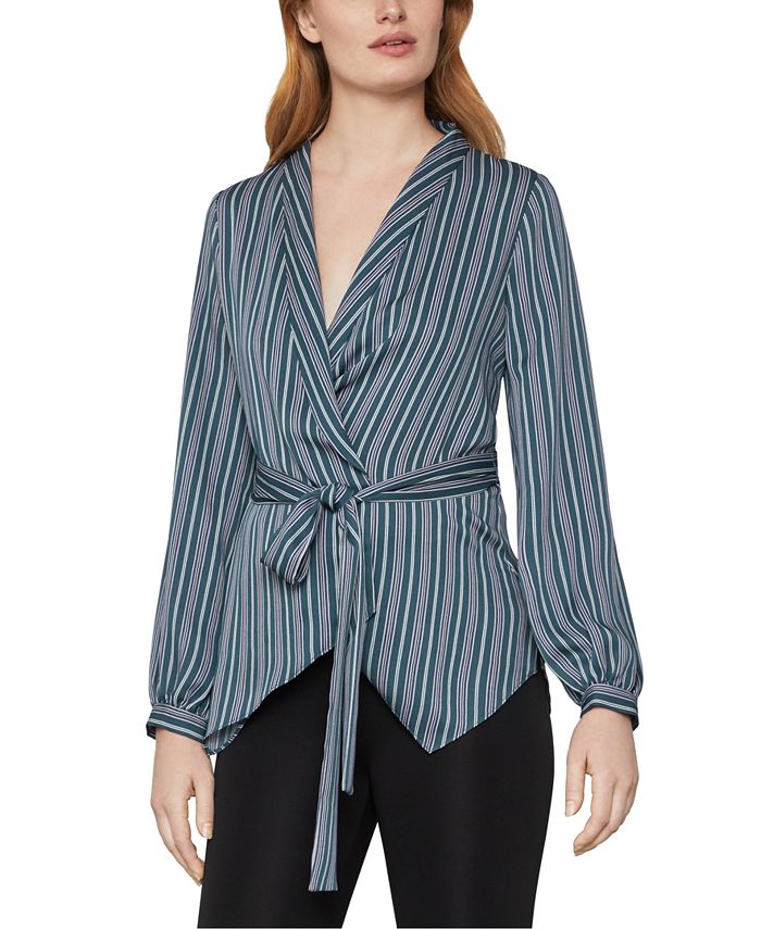 BCBGMAXAZRIA Women's Asymmetric Striped Long Sleeve Wrap Blouse Blue Size Large