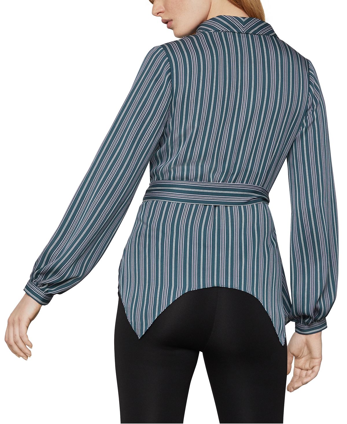 BCBGMAXAZRIA Women's Asymmetric Striped Long Sleeve Wrap Blouse Blue Size Large