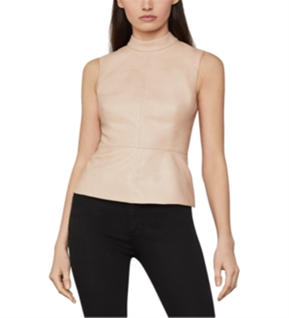 BCBGMAXAZRIA Women's Faux Leather Mock Neck Peplum Top Pink 2 Pink Size 2