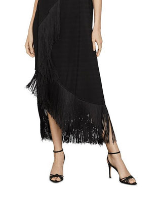 BCBGMAXAZRIA Women's Fringe TrimAsymmetrical Maxi Dress Black Size Medium
