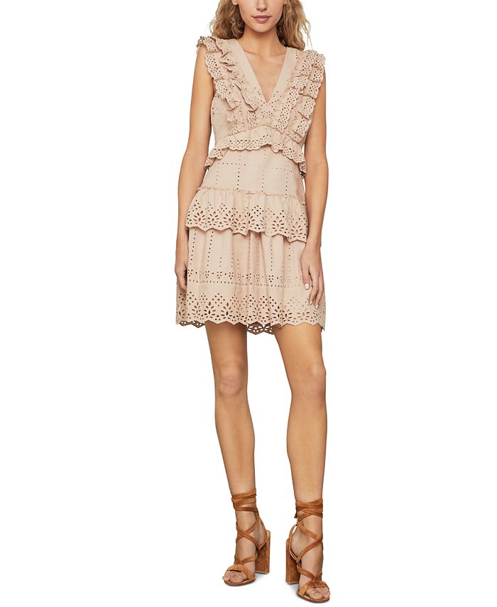 BCBGMAXAZRIA Women's Eyelet Ruffled Mini Dress Beige Size 0