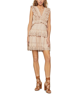 BCBGMAXAZRIA Women's Eyelet Ruffled Mini Dress Beige Size 0