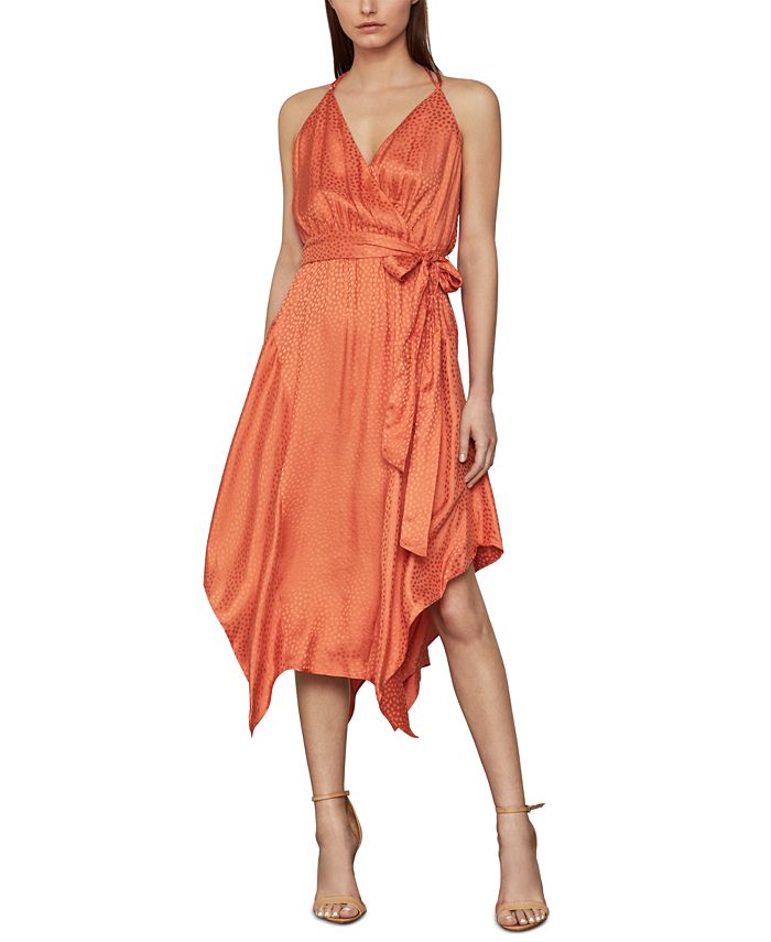 BCBGMAXAZRIA Women's Satin Handkerchief Hem Midi Dress Orange Size Small
