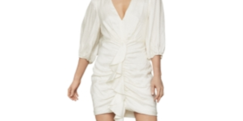BCBGMAXAZRIA Women's Dotted Satin Ruched Blouson Sleeve V Neck Mini Dress White Size 8
