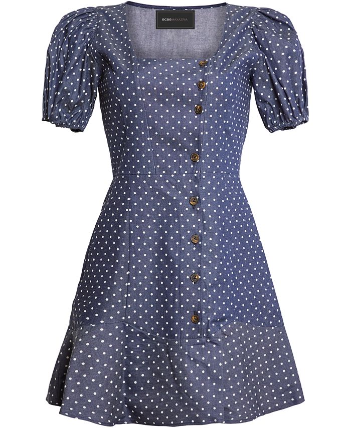 BCBGMAXAZRIA Women's Puff Sleeve Fit & Flare Mini Dress Blue Size X-Small