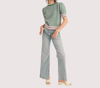 &Merci - Striped Pointelle Puff Sleeve Sweater