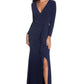 Betsy & Adam Women's Long Sleeve Stretchy V-Neck Wrap Gown with Cascade Slit, Navy, 14